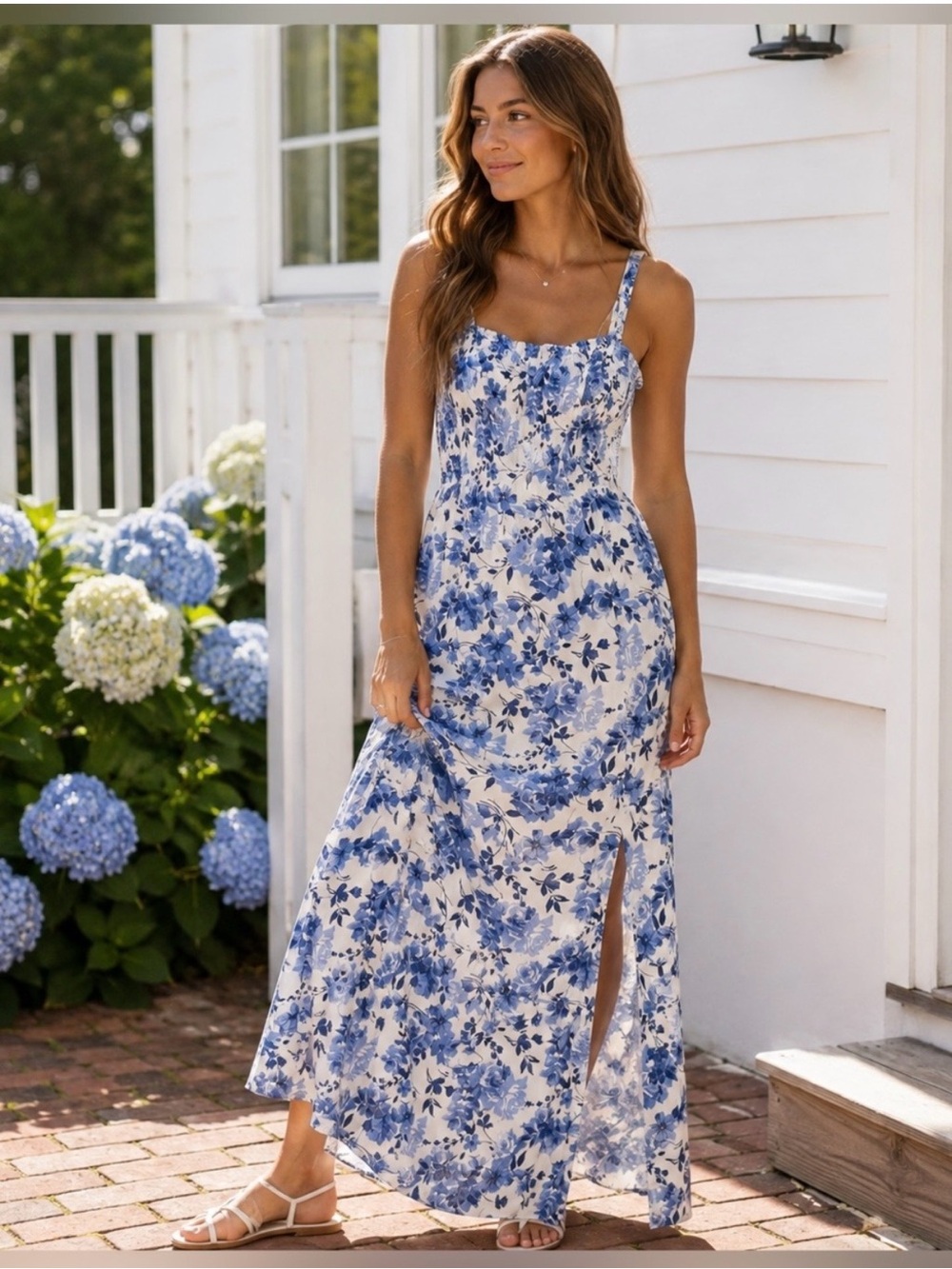 Hollister White and Blue Floral Spaghetti-Strap Maxi Dress